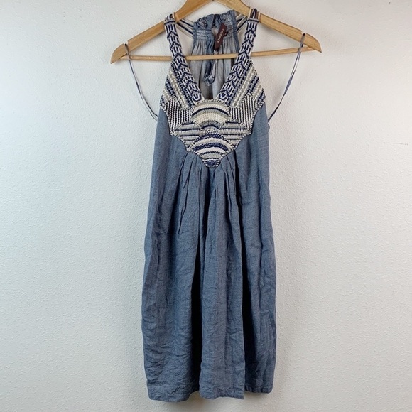 Anthro Ranna GiLL racer back Wiltern chambray embroidered bib front shift dress - Picture 9 of 13